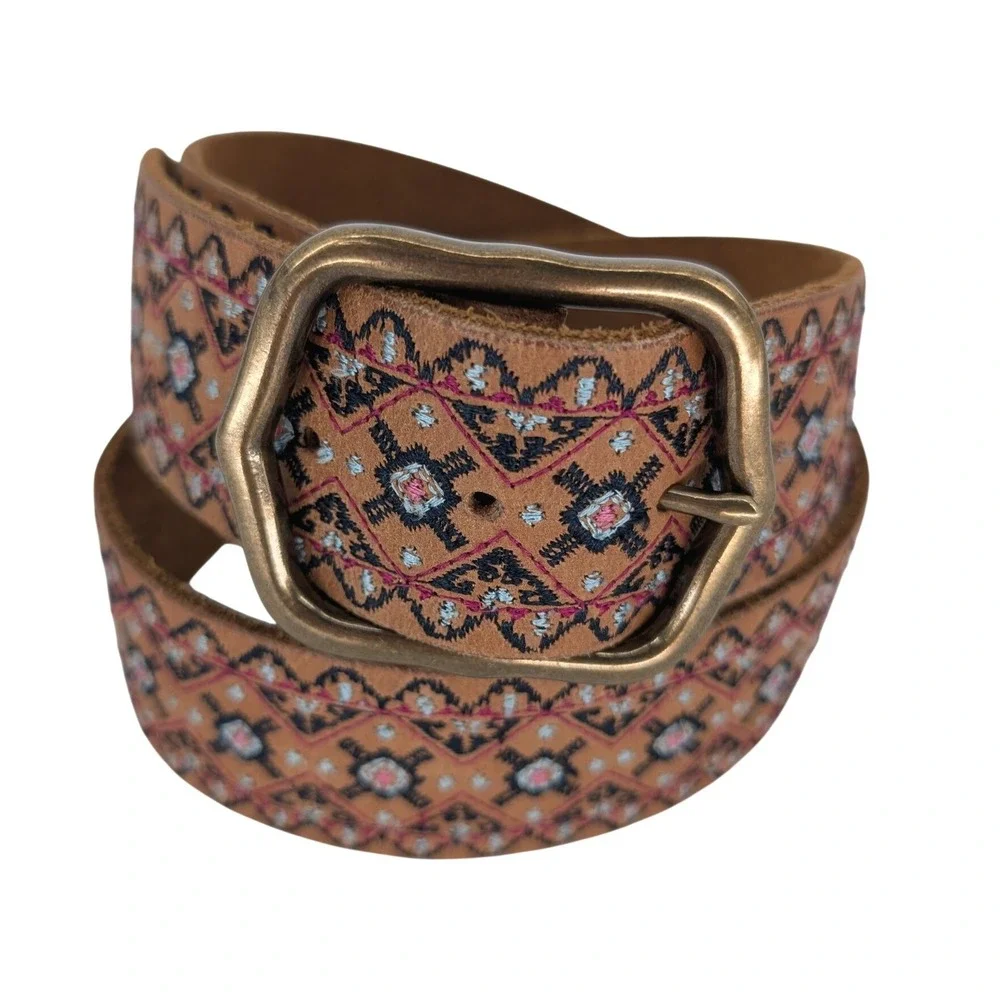Lucky Brand Embroidered Leather Belt Womens S Brown Boho Brass Buckle 90s Y2K